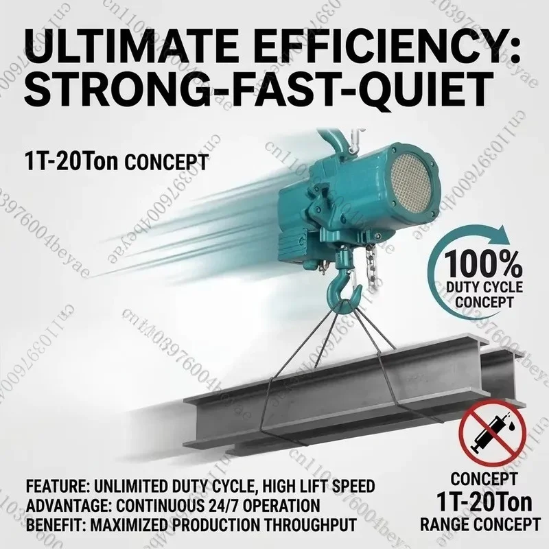 Heavy-duty, high-speed pneumatic hoists for assembly lines with 100% load cycle and low maintenance design