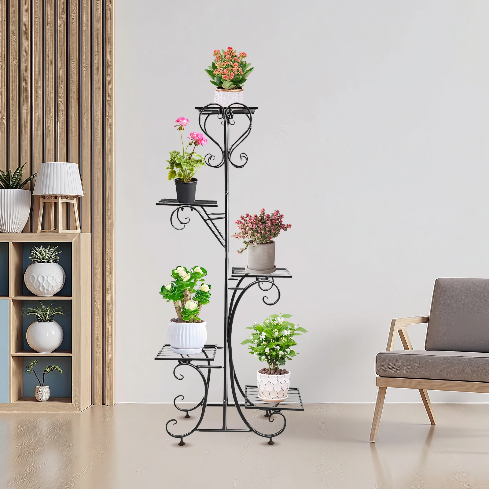 5 Tier Black Metal Plant Stand - Flower Pot Display Rack with Hollow Trays, 22.05lbs/Tier for Indoor Balcony, Garden, Home Decor