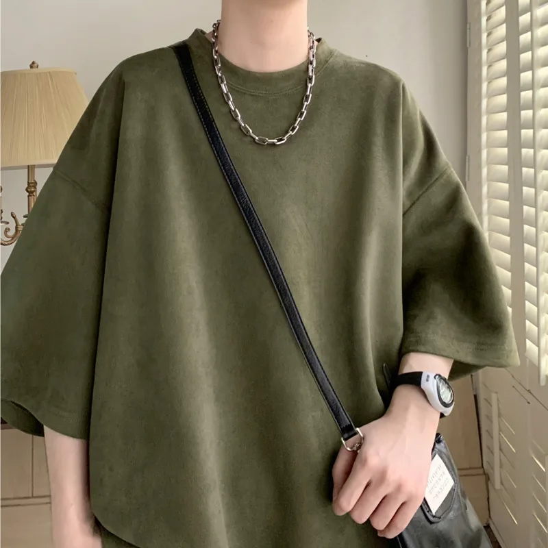 Summer Short Sleeved T-shirt Men Oversized Casual Round Neck T Shirt Men Streetwear Korean Loose Suede T Shirt Mens Top M-3XL