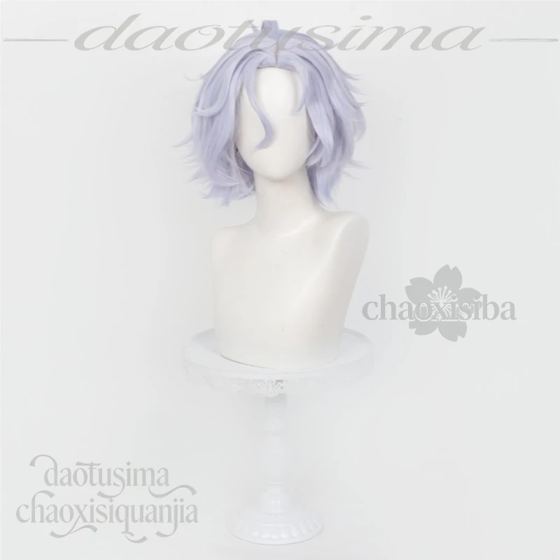 Anime Game Genshin Impact Cosplay Mitya Grayish Blue White Short Curly Hair Fashion Y2K Synthetic Hair Wigs Halloween Christmas - view 3