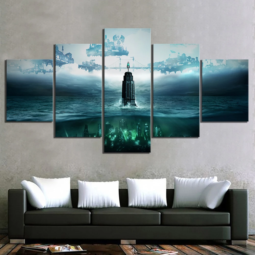 Canvas Wall Art Poster Painting BioShock The Collection Video Game Picture Print Living Room, Bedroom Home Decor Artwork 5 Panel