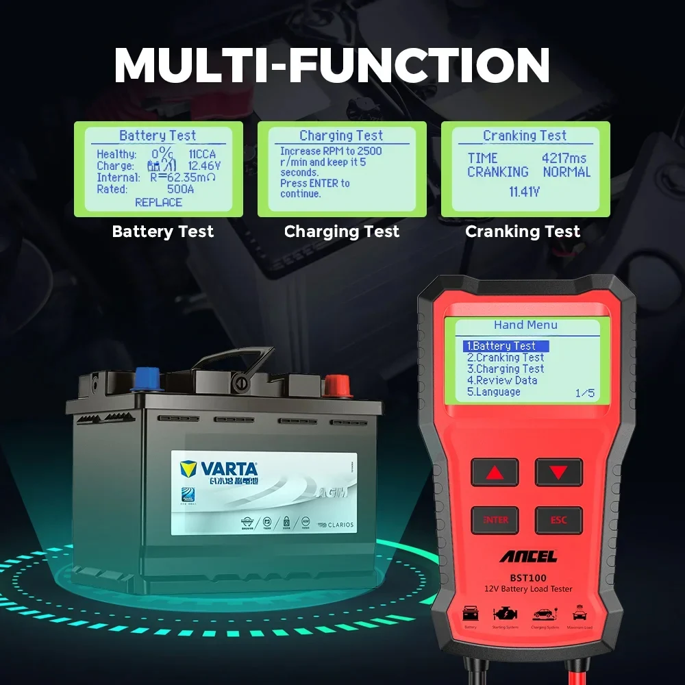 ANCEL BST100 12V Voltage Battery Tester Analyzer Digital 220Ah 2000CCA Car Battery Checker with Cranking&Charging Load Battery