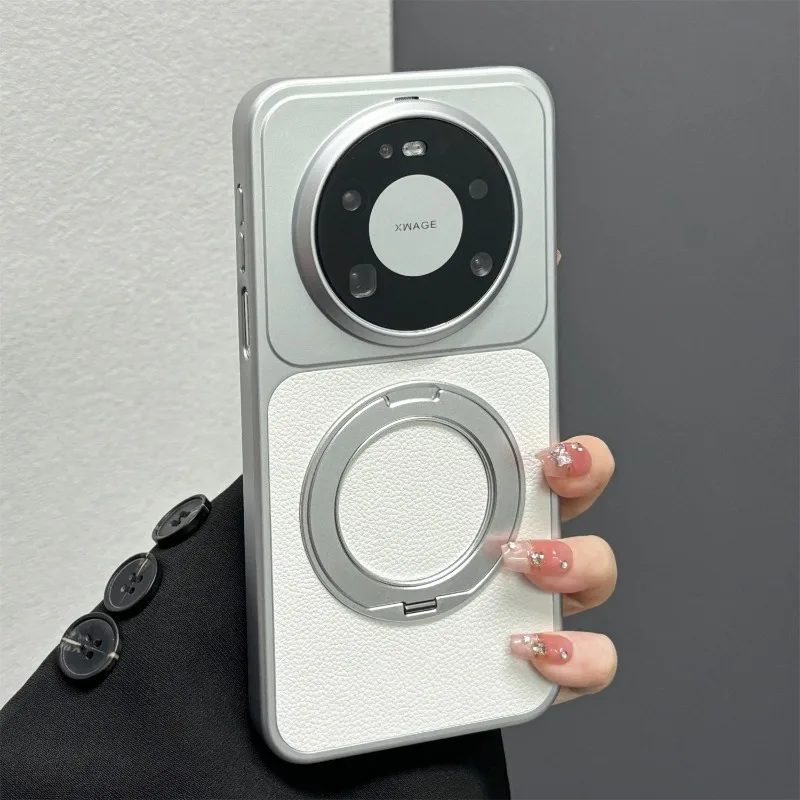 For Huawei Mate 80 Pro Case Magnetic 360° Ring For MagSafe PU Vegan Leather Electroplating PC Lightweight Hard Cover Dustproof