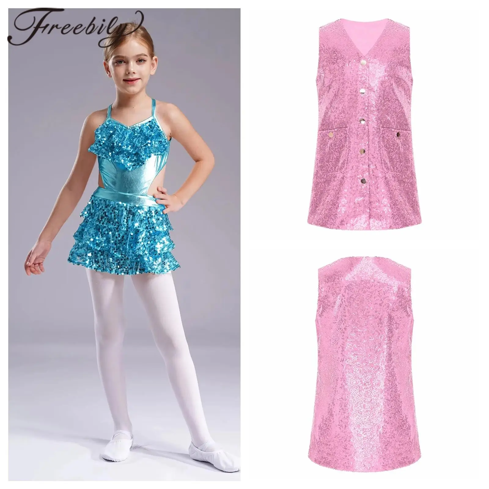 Kids Girls Ruffle Sequins Short Unitard Dress Cha-cha Jazz Latin Dance Dress Tiered Dancewear Metallic Stage Performance Costume