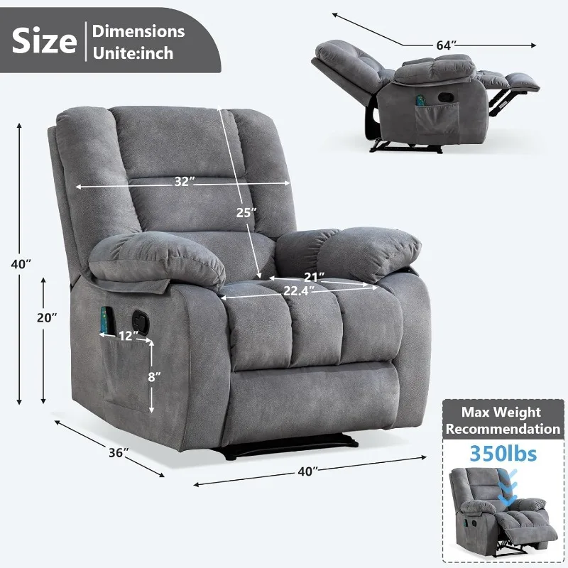 ANJHOME Overstuffed Massage Recliner Chairs with Heat and Vibration, Soft Fabric Single Manual Reclining Chair for Living Room