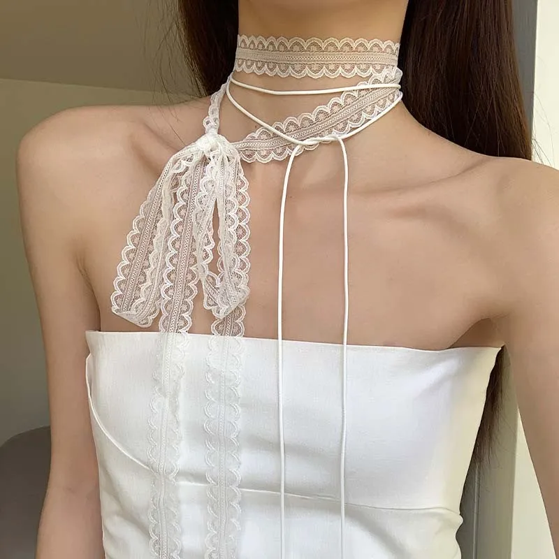 الرجعية الأبيض الأسود مقوس دانتيل المختنق قلادة للنساء موضة طبقة مزدوجة طويلة قابل للتعديل سلسلة قلادة Y2K مجوهرات هدية