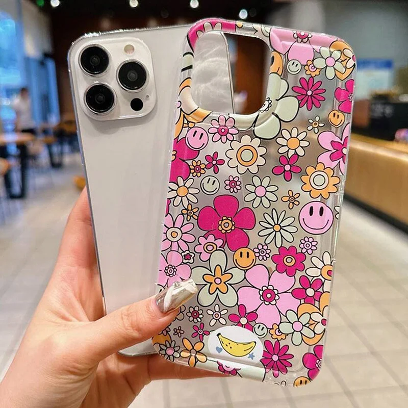 Pink Flower Patterned Shockproof Phone Case For iPhone 14 13 11 12 15 16 Pro Max 7 8 Plus XR X XS Max Clear Air Cushion Cover