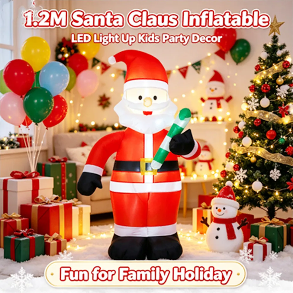 1.2M Christmas Inflatable Santa Claus With Candy Cane, Led Light Up Outdoor Yard Garden Decoration, Holiday Party Blow Up Decor