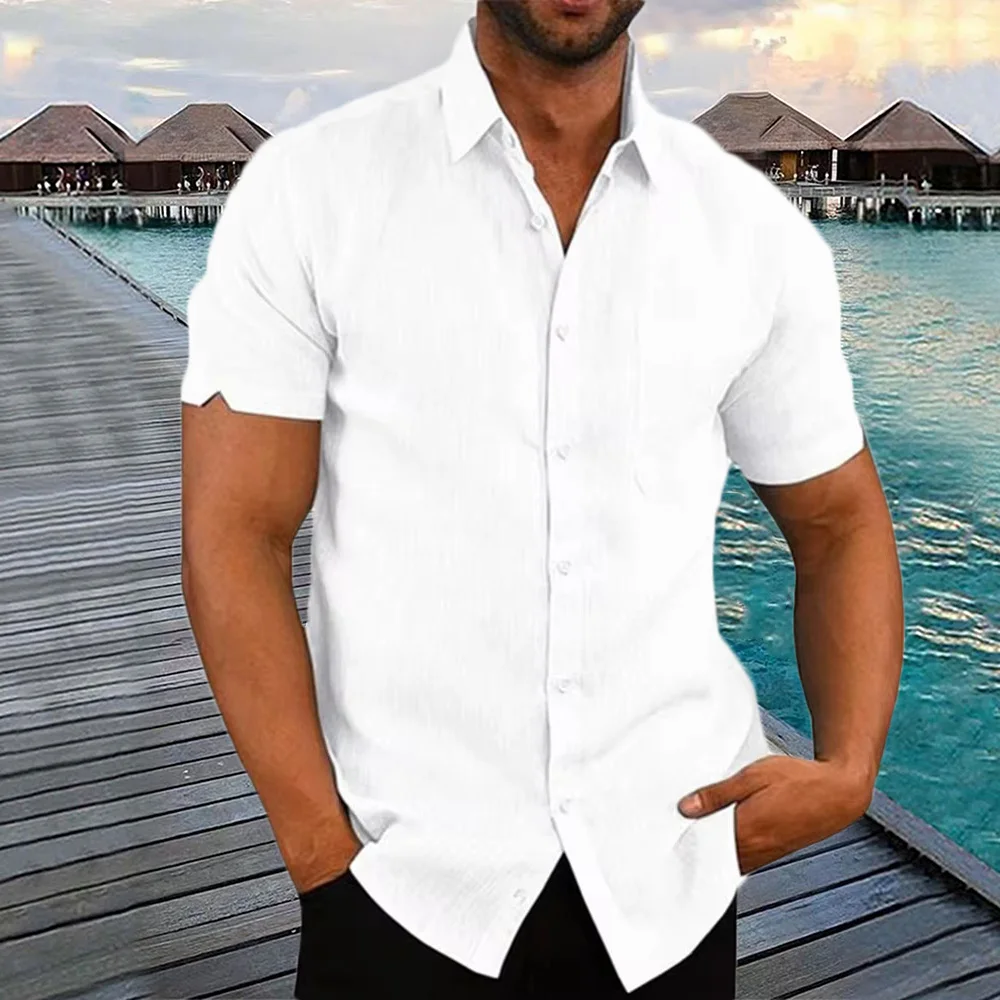 Hot Selling Cotton Linen Men\'s Short-Sleeved Shirts Summer Lightweight Solid Color Turn-down collar Casual Beach Style Plus Size