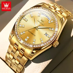 OLEVS Luxury Brand Automatic Mechanical Watch for Men Diamond Wristwatch Dress Dual Calendar Stainless steel Waterproof Watches