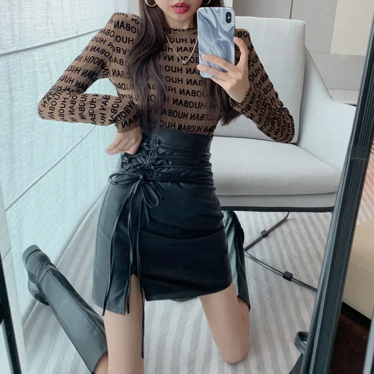 Harajuku Punk Gothic Black High Waist Black Skirts Women Sexy PU Bandage Mini Skirt Female Streetwear Black Skirt