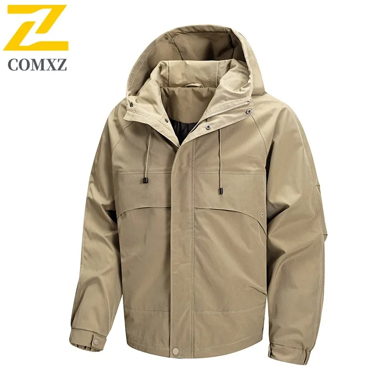 

COMXZ Мужская куртка Водонепроницаемая однотонная свободная повседневная ветровка для рыбалки для кемпинга Новый прогулочный стильный прочный плащ
