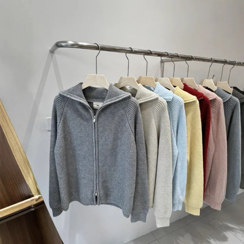 가을 신상 여성용 한리 한치 더블 지퍼 라펠 긴 소매 니트 가디건 심플하고 다재다능하며 까다롭지 않고 패셔너블하다