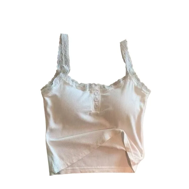 New Sexy Y2k Cute Lace Tank Top Cropped Vest Sleeveless Crop Tops Chest Pad Summer Slim Undershirt Suitable for Causal Girls