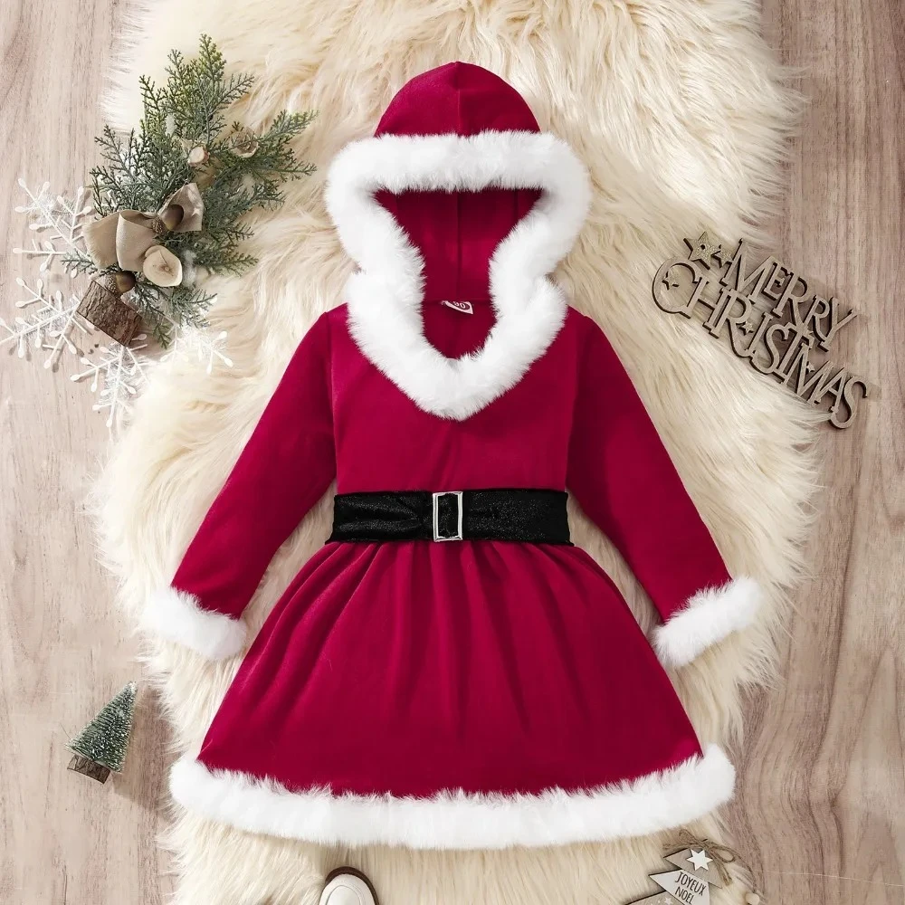 

2025 New Girls Dresses Christmas Children's Clothing European and American Style Long Sleeved Hooded Plush Red Princess Dress