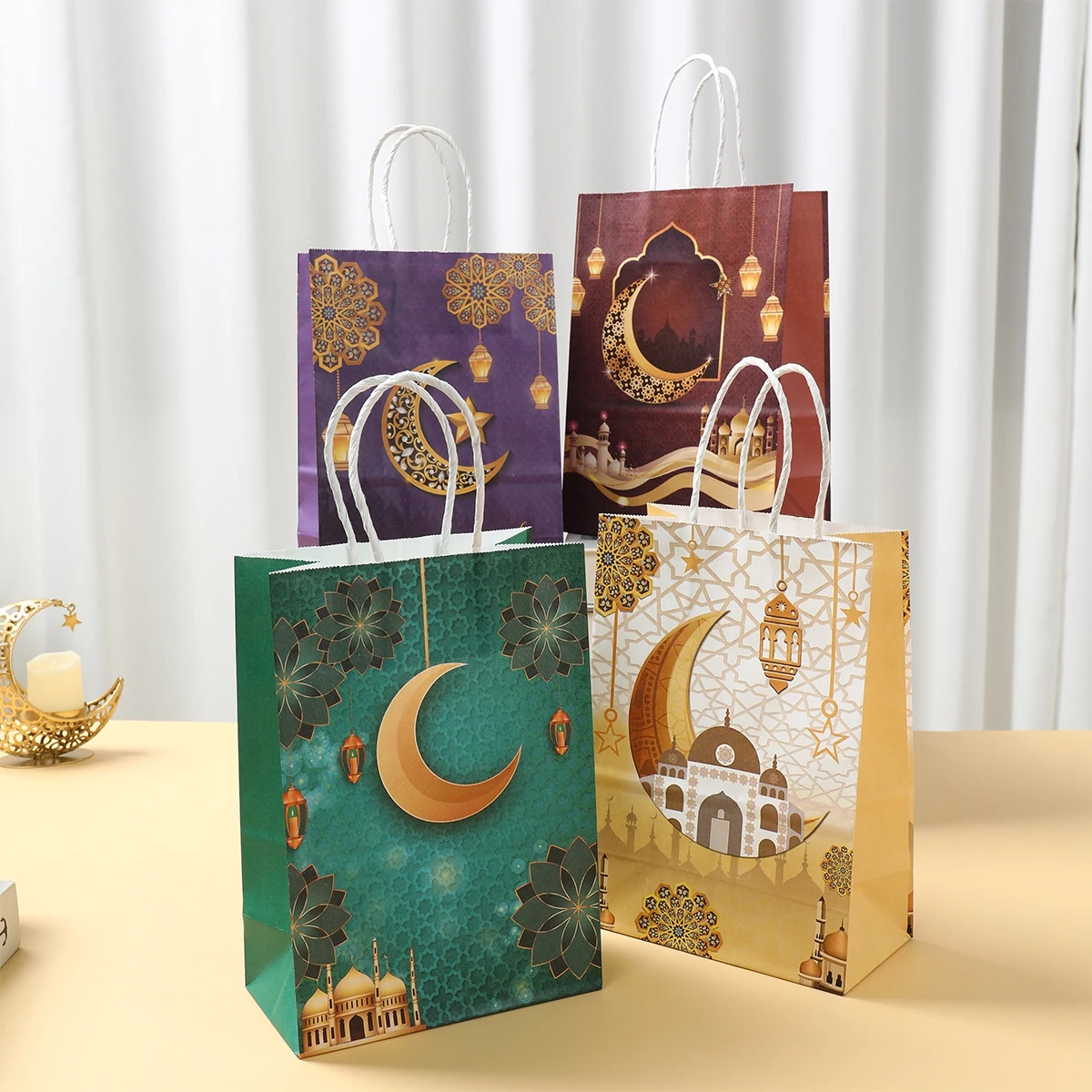 4Pcs Eid Mubarak Moon Castle Paper Gift Bag Ramadan Kareem Decoration 2025 For Home Islamic Muslim Party Favors Candy Cookie Bag