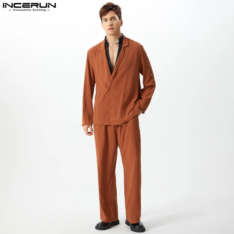 2024 INCERUN Casual Two-Piece Suits Deconstruction Inclined Front Design Outfits Simple Commuting Stripes Splicing Streetwear