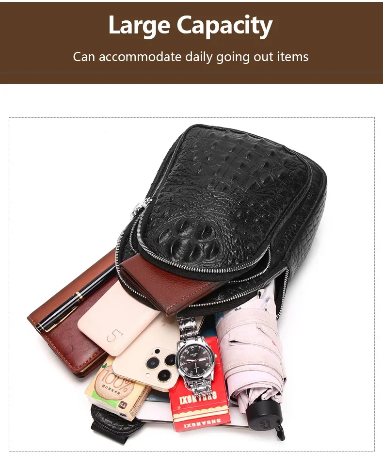 Chest Bag 100% Cowhide Leather Men Crossbody Crocodile Grain Fashion Black Multifunctional Bags