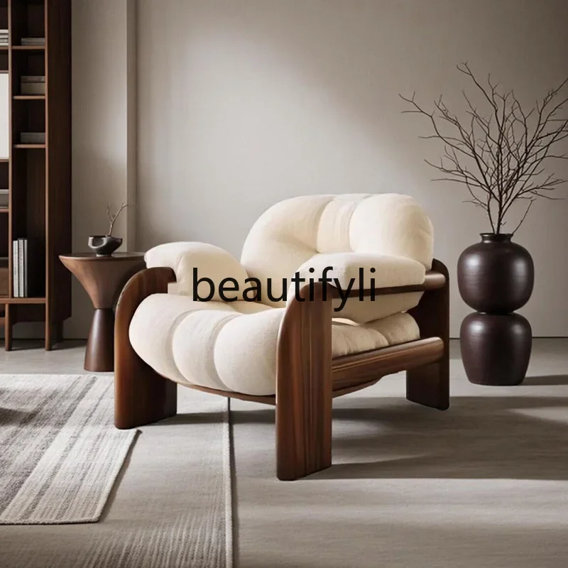 E182 Designer Medieval Single Sofa Chair Living Room Premium, Home Wabi Wind Solid Wood Cloud Leisure Chair