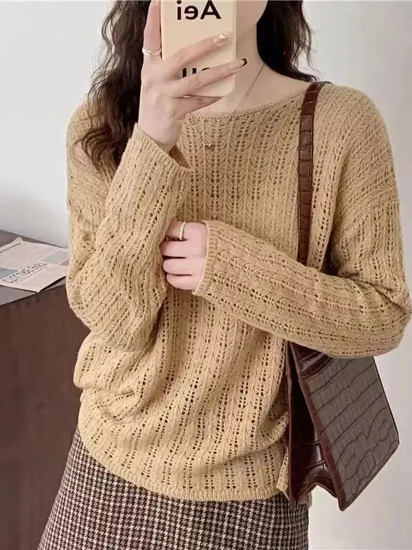 Women's round Neck Knitted Sweater Hollow out Thin Long Sleeve Pure Color Spring Autumn New Style Loose Outerwear Top
