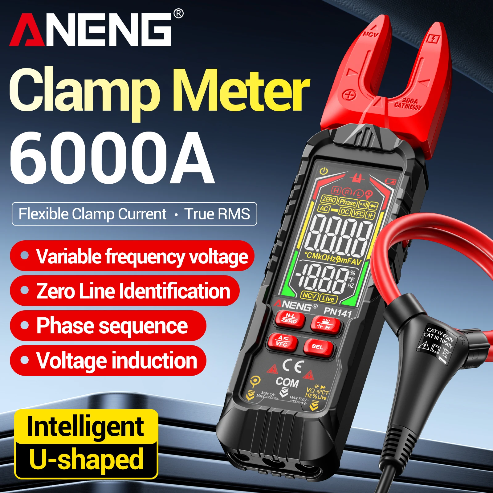 ANENG PN141 6000 Counts Clamp Multimeter True RMS AC DC Flexible Coil Current NCV Phase Sequence Temperature Capacitance Tester