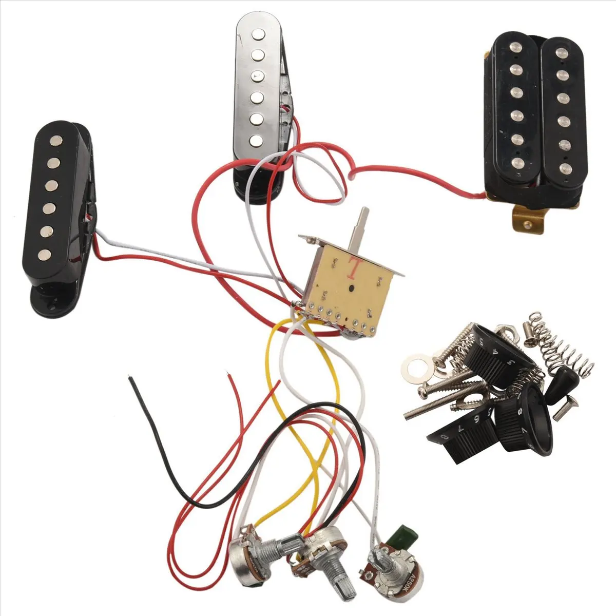 

[AD12] Комплект проводки для электрогитары 2X ST с предустановленным 5-позиционным переключателем, 2T1V управлением и звукоснимателями SSH, черный