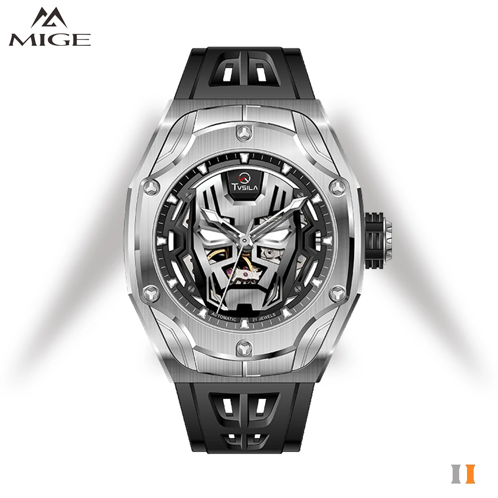 

TVSILA Original Miyota Men's Automatic Mechanical Watch Stainless Steel Case Silicone Band Skeleton Waterproof Sport Wristwatch