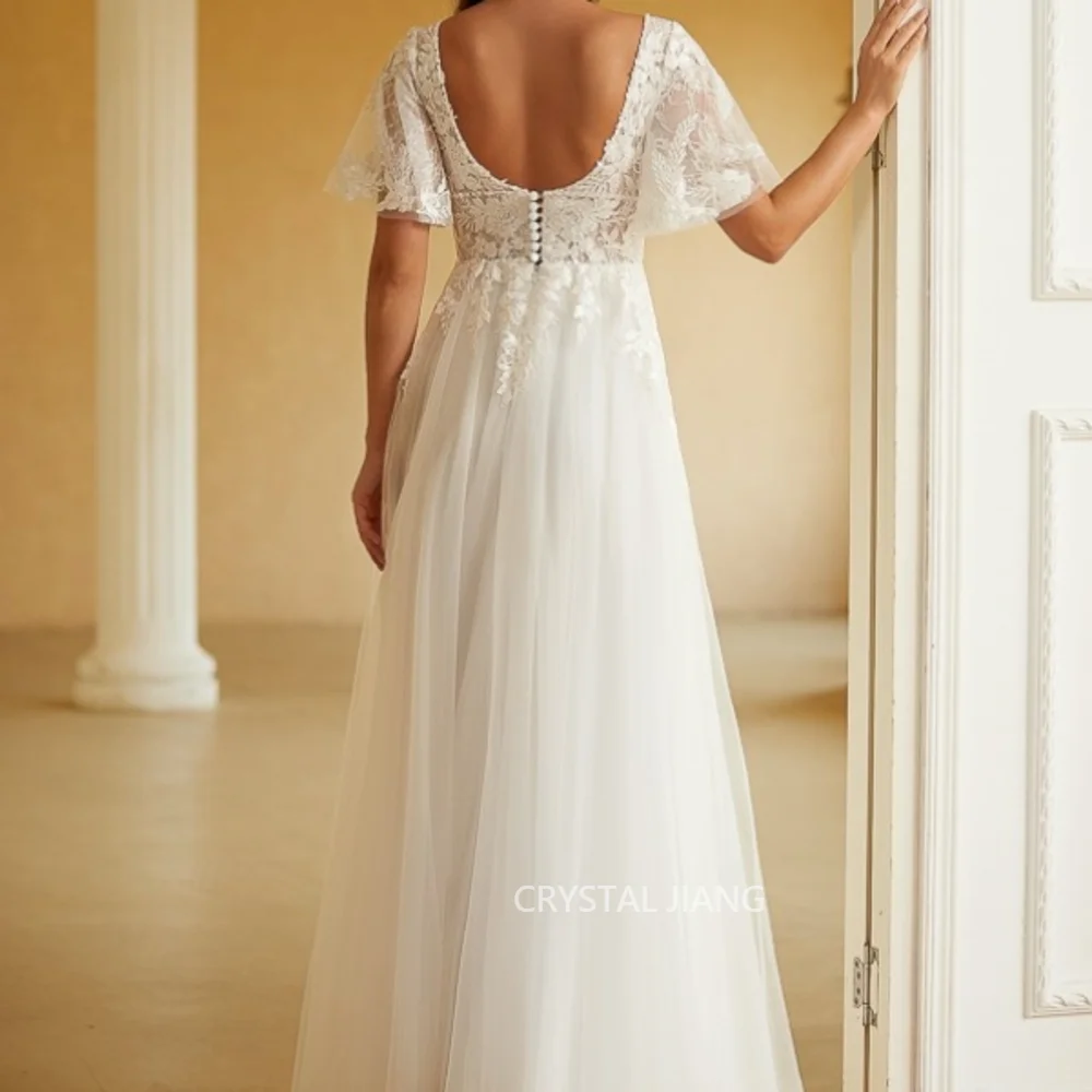 Elegant Long V Neck Tulle Wedding Dresses Natural Waist with Short Sleeves A Line Floor Length Robe De Mariage