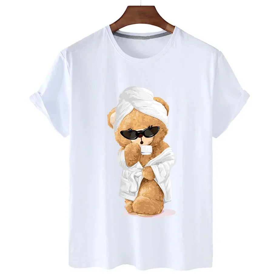 Camiseta de manga corta con cuello redondo para hombre y mujer, camisa Unisex de manga corta, divertida, albornoz, oso de peluche, verano 2024