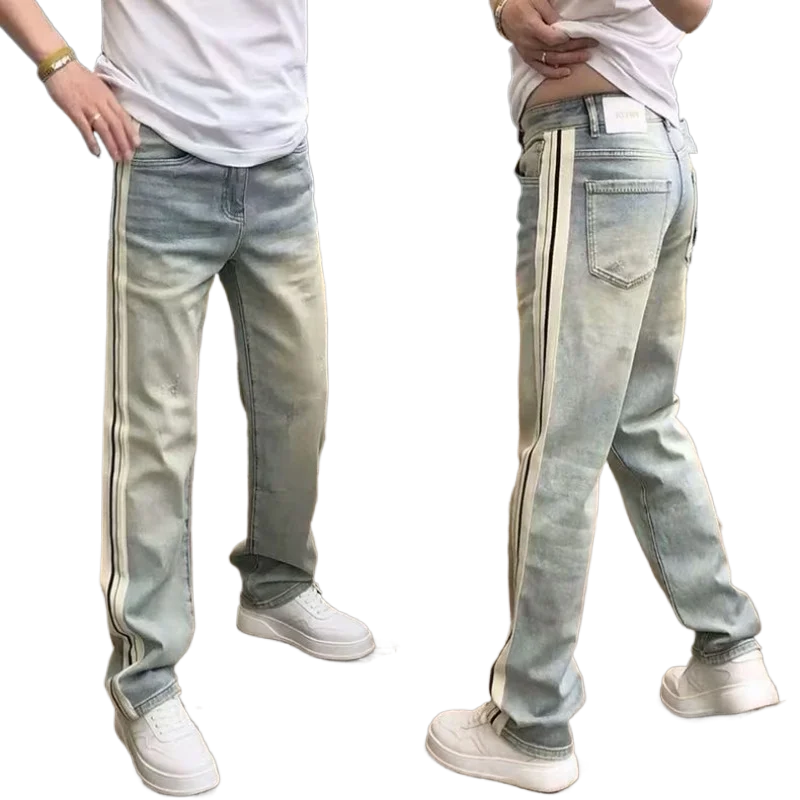 Fashionable striped autumn and winter men's versatile straight leg casual elastic denim pants