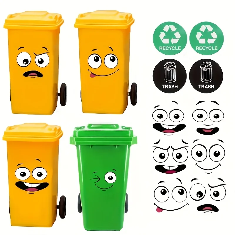 4pcs Trash Can Stickers Recycle Bin Expression Decals for Garbage Sorting Classroom Decor Funny Face Stickers for School Office