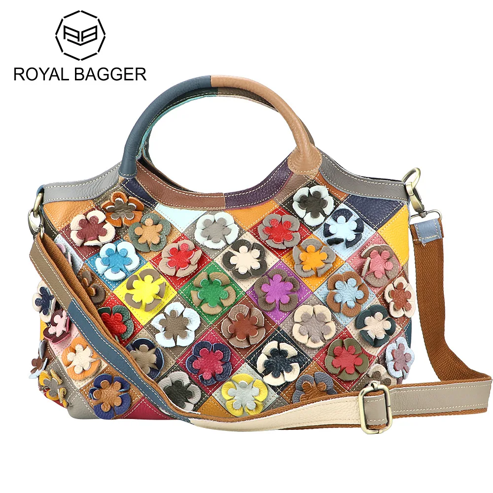 

Royal Bagger Top Handle Satchel for Women, Genuine Leather Tote Bags, Large Capacity Color Stitching Plaid Shoulder Bag 1730