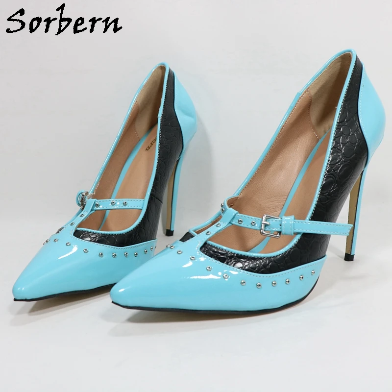 Sorbern Pink Patent Women Pump Shoes T-Strap Stone Pressed Rivet Mary Janes Pointed Toe Ladies Shoes Ol Party Heels Multi Color