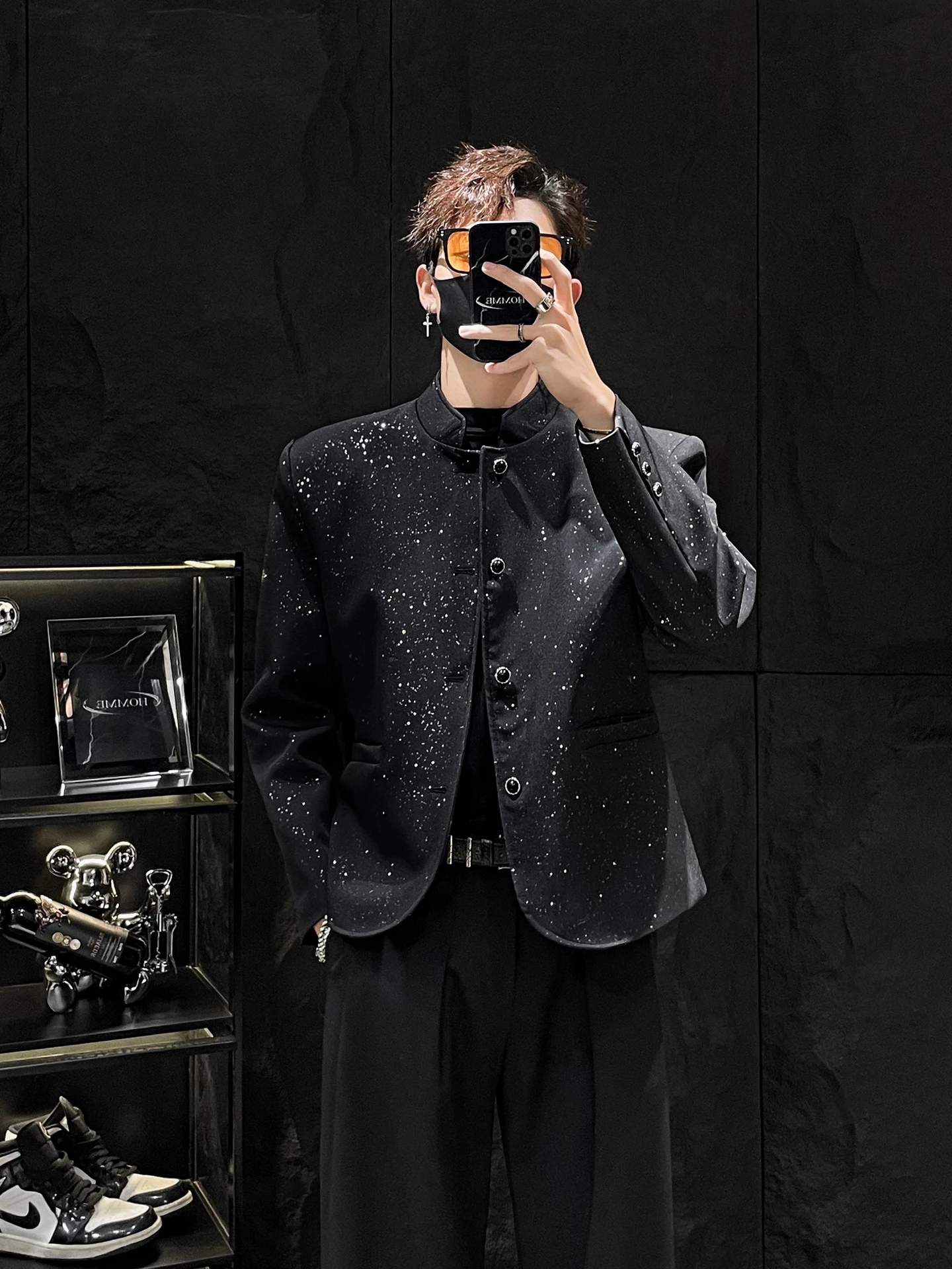 

Мужской пиджак Homme Mirrorl High-End: черный, приталенный, в корейском стиле, с воротником-стойкой, модный, повседневный