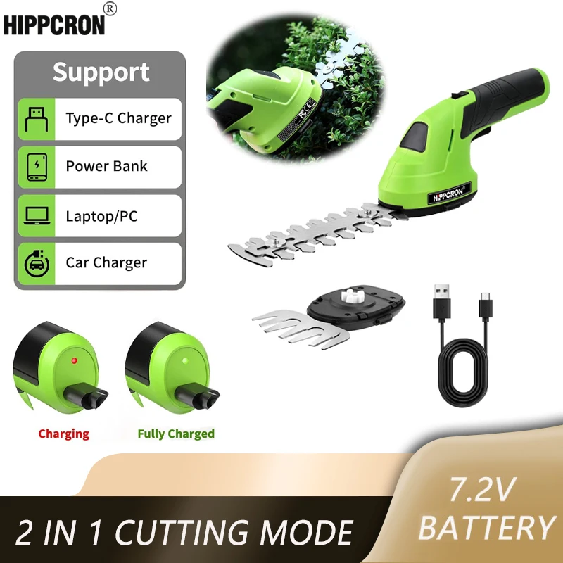 Hippcron 2-in-1 Handheld Electric Hedge Trimmer Small Household Lawn Mower Lightweight Shrub Trimmer Green Garden Bush Trimmer
