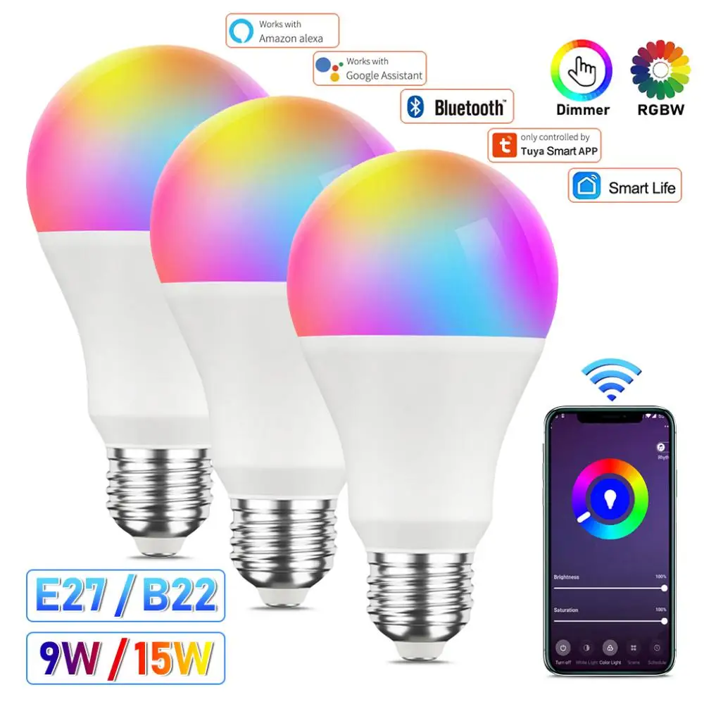 CORUI Tuya WiFi E27 B22 Smart Dimmable Bulb RGBCW 100-240V LED Light Smart Life App Control Support Alexa Google Home Alice