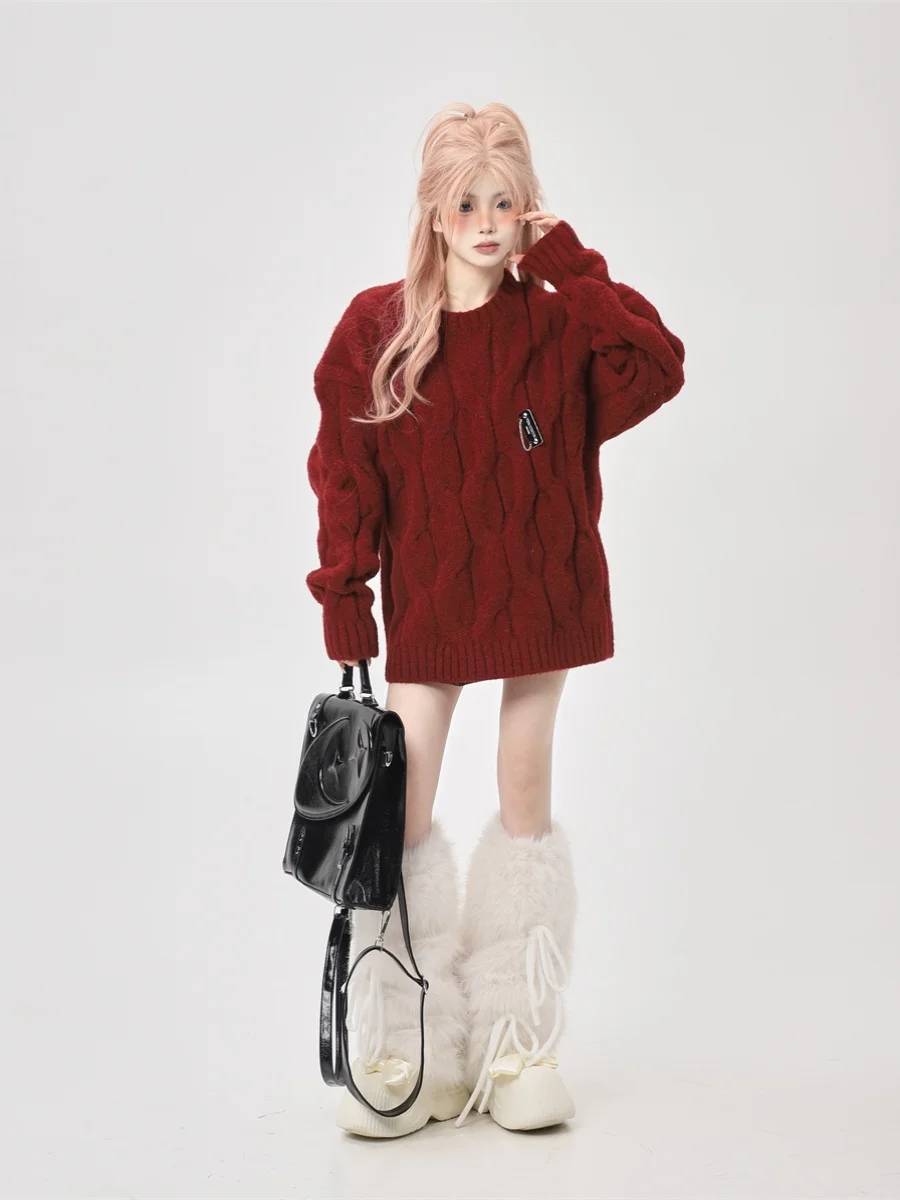 Red Knitted Sweater Women's Loose Design Vintage Soft Lazy Knitwear round Neck Autumn Winter Fashion Sweet Style Warmth Heating