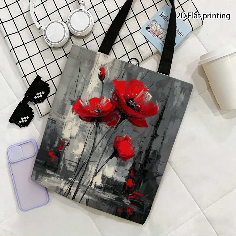 Women's Large Tote Bag with Vintage Red Poppy Oil Painting - Ins-Style Suitable for School, Commuting & Travel, Handbag