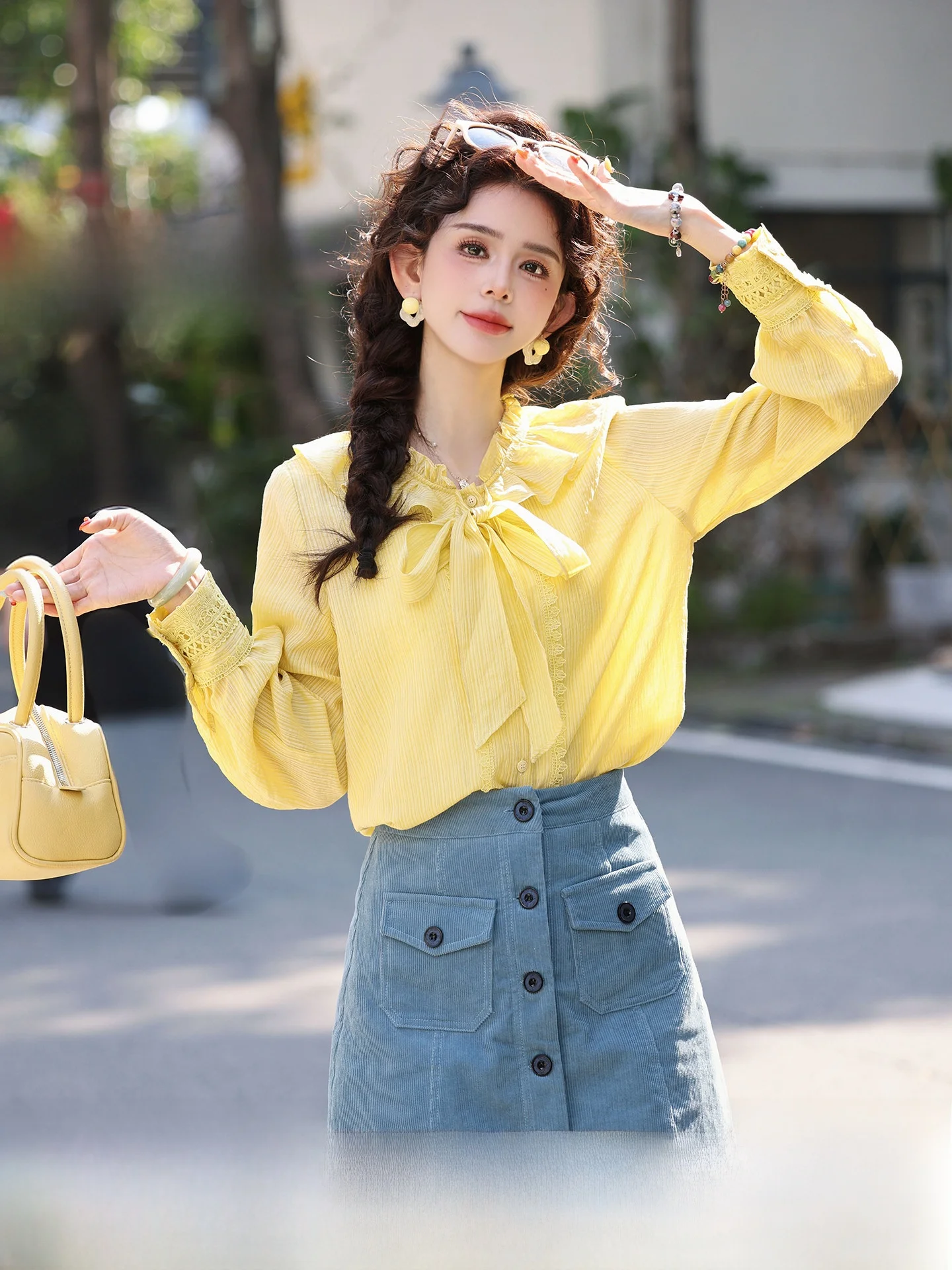 

Новая женская свободная блузка Chen Jiajie с длинным рукавом, цвета гусиного пера, для ранней весны, винтажный стиль, с узлом