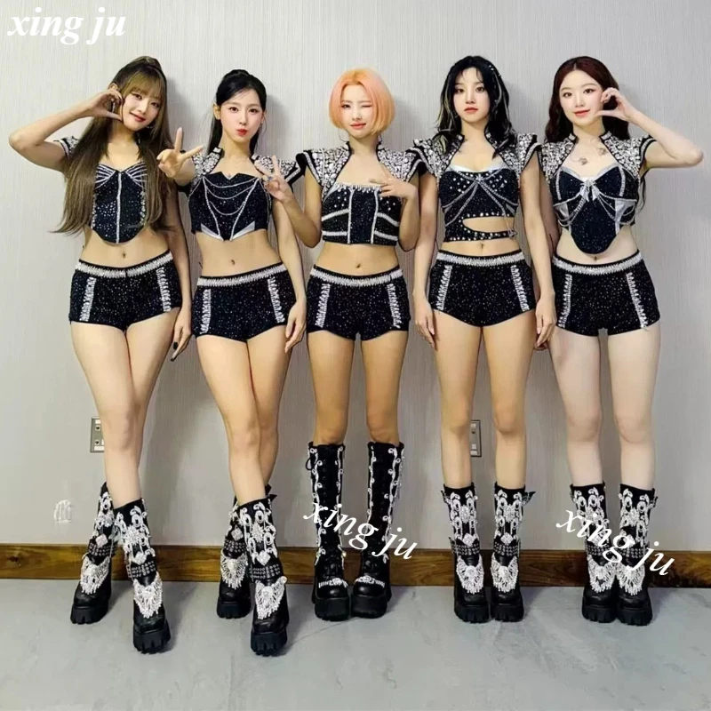 Xing Ju Kpop Singer Concert Luxury Rhinestone Tops Black Tight Shorts Women Birthday Party Nightclub Jazz Dance Stage Costumes