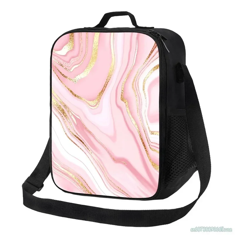 Pink Gold Marble Textured Lunch Bags for Women Insulated  Box Thermal Tote Bag with Adjustable Strap Leakproof Durable