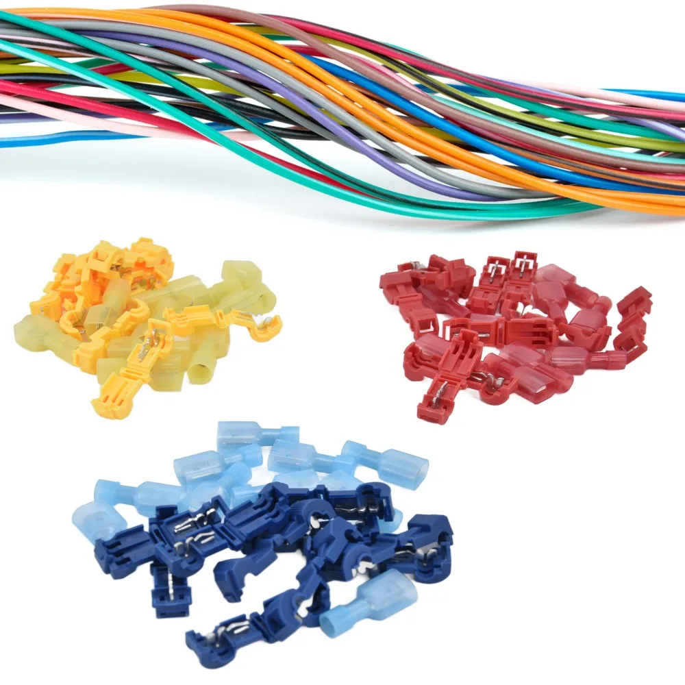 60 Pcs Red Blue Yellow T-Tap Wire Connectors Fully Insulated T Shape Quick Splice Connectors Insulated Spade Terminals