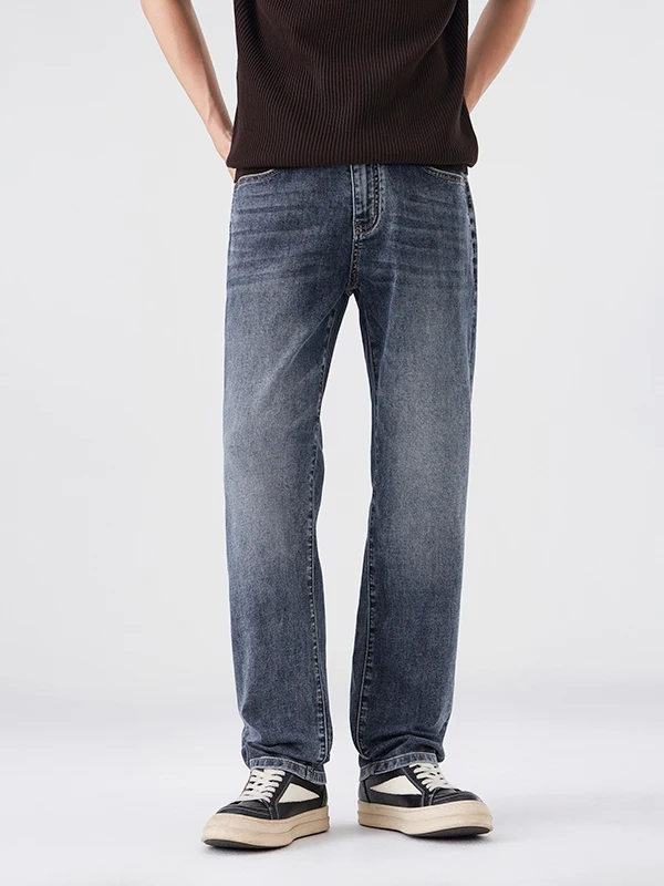 

Мужские джинсы в американском ретро-стиле, свободные прямые брюки, повседневные длинные брюки, универсальные, удобные, из хлопкового эластичного денима
