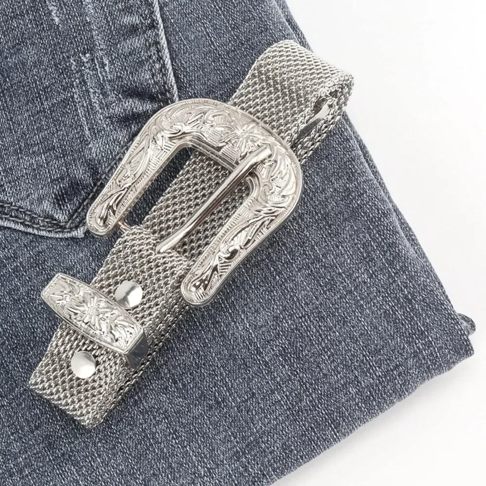 Nightclub Woman Y2k Waist Belt Adjustable Cowboy Cowgirl Shinning Mesh Metal Waistband For Woman Men Jeans  Pant