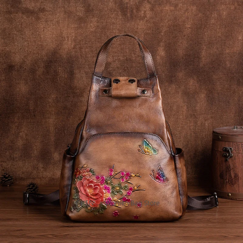 

Floral Embossed Leather Backpack for Women, Vintage Cowhide Shoulder Bag, Handmade Crossbody Purse with Adjustable Strap
