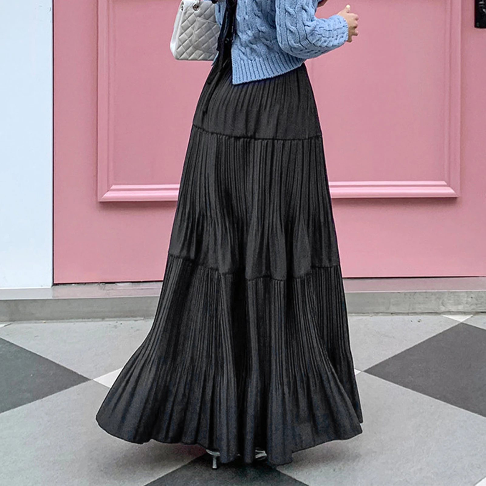 Gonna lunga a trapezio estiva da donna di nuova moda gonna fluida a pieghe tinta unita per lo shopping da spiaggia in viaggio vendita calda S-XL