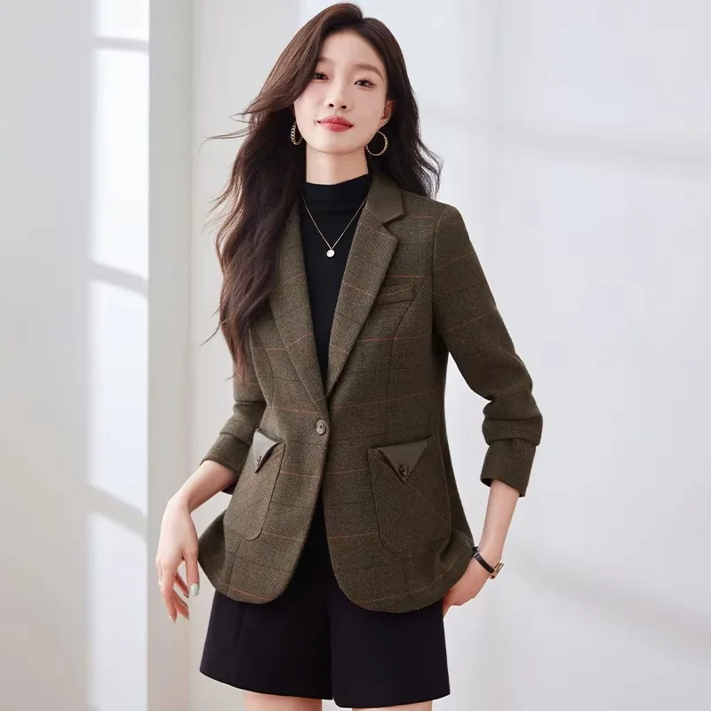 Insozkdg Koreanischer Stil, britischer karierter Anzug mit langen Ärmeln, Jacken für Damen, 2024, Herbst und Winter, neue Pendlermode, Einzelknopfjacke