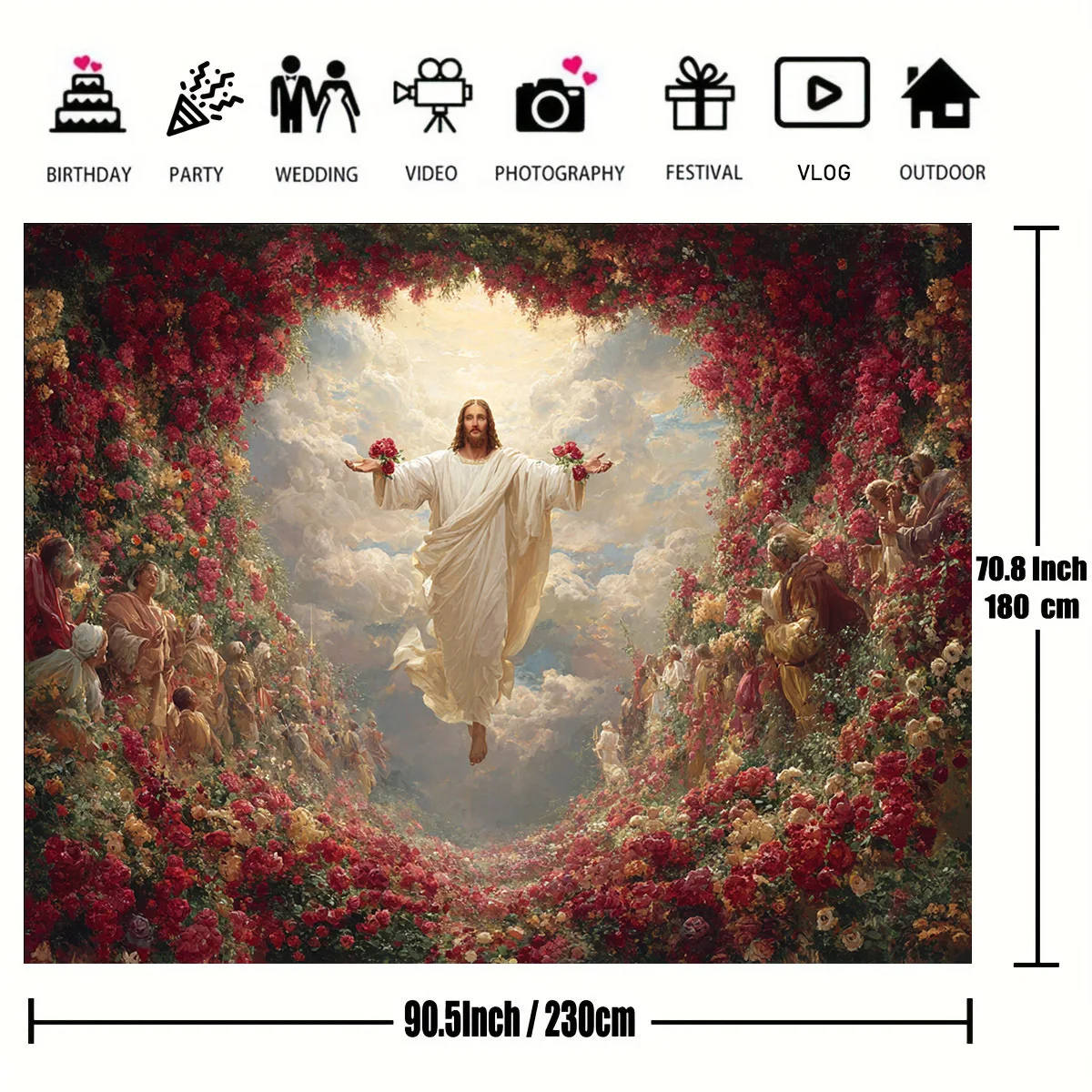 1 tela de fondo temática de resurrección con rosas florecientes, nubes claras celestiales y figuras ceremoniales.
