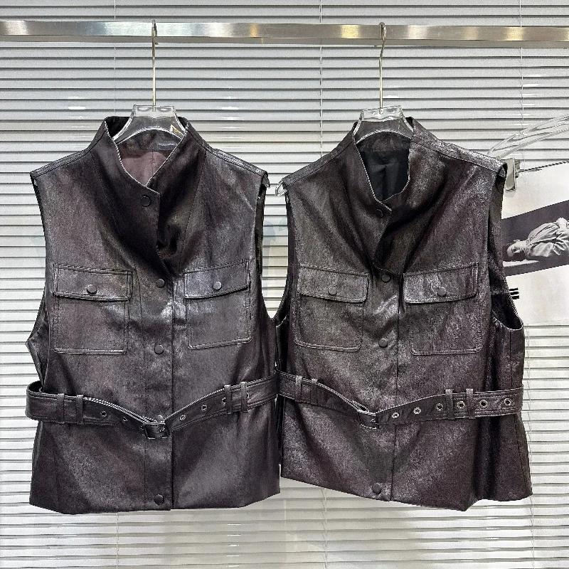 Women's Retro Hot Girl Pocket Belt Stand-up Collar PU Leather Vest 2026 Autumn New Sweet Cool Sleeveless Vest Jacket Top Ladies