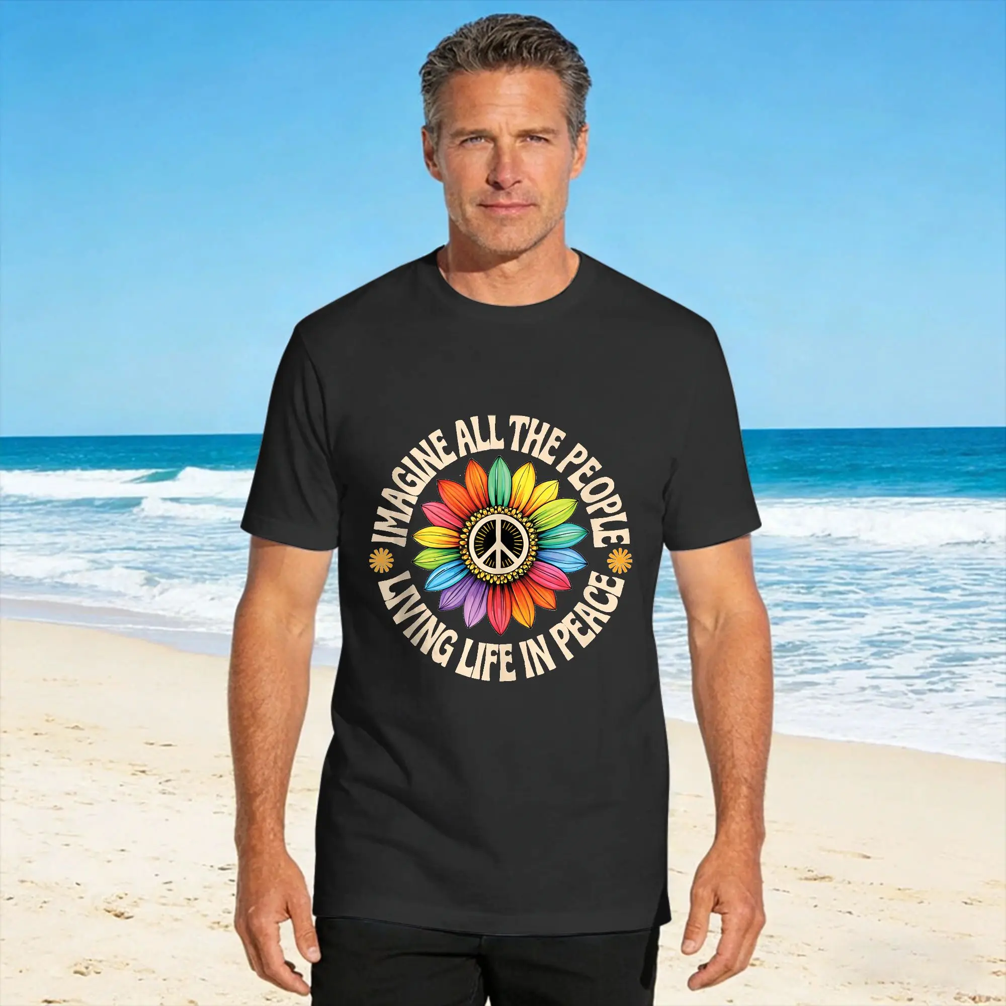 Retro Peace Flower Imagine All The People Boho Hippie 70s Cotton T Shirt For Men Summer  Vintage T Shirts Trending Tee Shirt